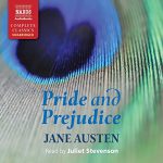 A close up of a peacock feather with the words Pride and Prejudice by Jane Austen read by Juliet Stevenson